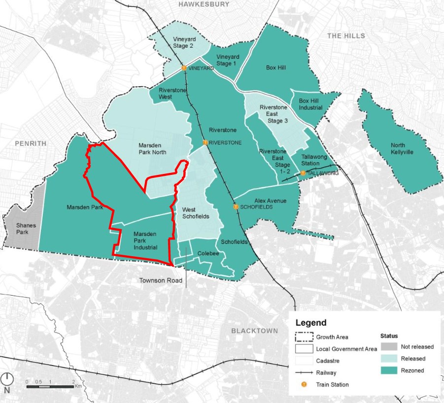 Land rezoned and new suburb boundaries (old boundary overlay)